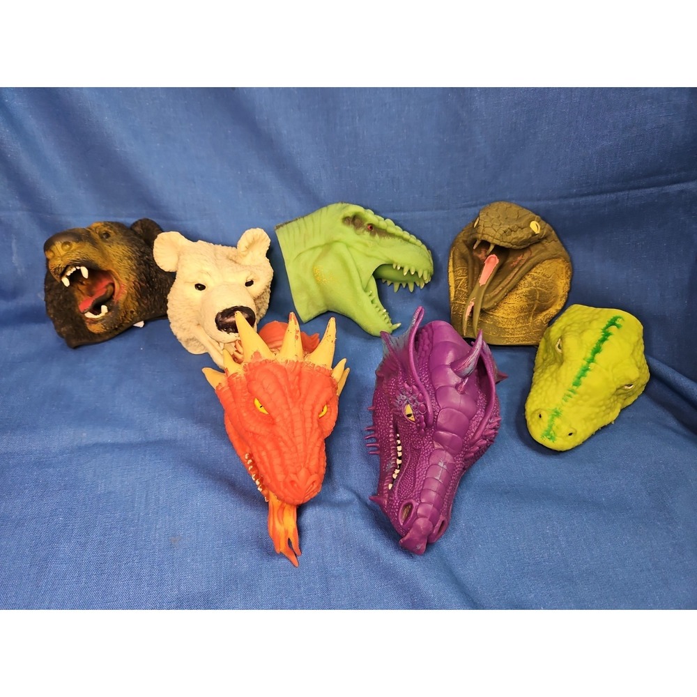 7‎ Vintage Rubber Hand Puppets Lot Animals Dragons Bears Dinosaur Alligator SOFT